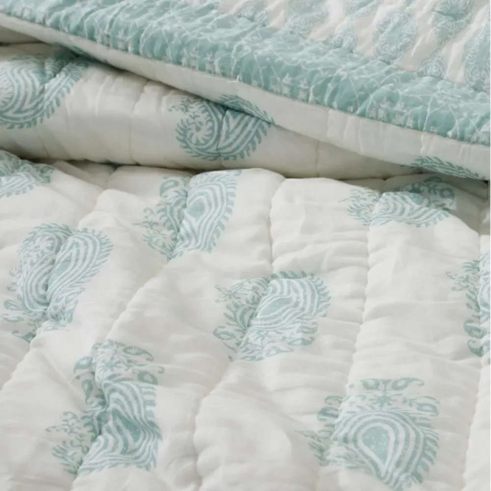 NEW! Cottage Farmhouse Mint Green Paisley 100% Cotton QUEEN Quilt Set Boho Sage